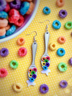 "The Spoon Full of Cereal Earrings features silver chrome, pink, blue, purple, green, orange, yellow, and white acrylics with engraved details. The earrings closure is sterling silver. All my designs are digitally created, laser cut, and then hand assembled.  Measurements: Length: 3\" Width: 1/2\" Please keep in mind that all earrings are made to order and processing time can be from 7-10 days, sometimes less depending on the workload.  Instagram: SunshineFunshop Follow my account for fun behind Cereal Earrings, Chrome Pink, Crazy Earrings, Interesting Images, Funky Earrings, Silver Chrome, Clay Jewelry Diy, Funky Jewelry, White Acrylics