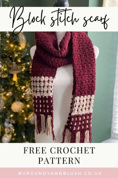 a crochet scarf on a mannequin with the text, free crochet pattern