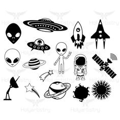 an assortment of alien and space related items in black and white, including rockets, stars,