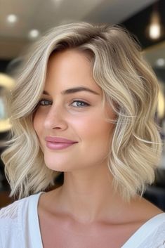 Trendy Blonde Short Hair with Waves Short Blonde Bob, Taking Appointments, Bob Ideas, Short Hair Waves, Short Blonde Bobs, Blonde Hair Transformations, Gorgeous Lady