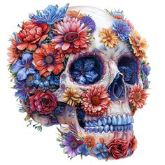 a painting of a skull with flowers on it