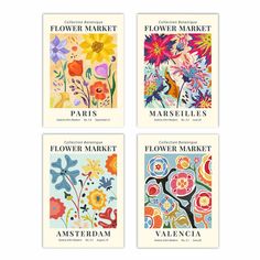 four different flower market cards on a white background