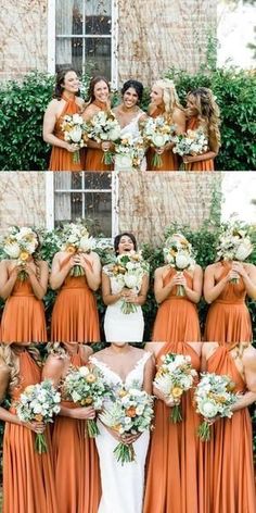 a group of women in orange dresses standing next to each other with flowers on their heads