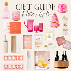 the gift guide for hostess gifts is displayed in pink and gold colors, including bottles, candles