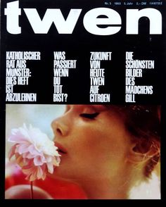 a magazine cover with a woman holding a flower in front of her face and the words twen on it