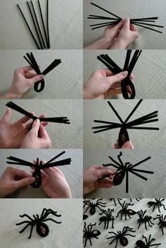 instructions to make a spider out of black paper and scissors for halloween decorations or crafts