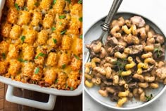 two pictures side by side one with macaroni and cheese, the other with mushrooms