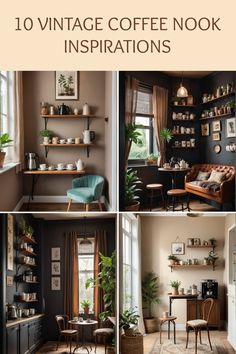 Explore 10 cozy vintage coffee nook inspirations through 4 captivating images. Each photo showcases inviting setups filled with warm tones, plants, and rustic decor that transform any home jealanous. Nook Inspiration, Wall Shelving, Coffee Nook, Cozy Coffee, Vintage Inspired Decor, Coffee Cozy, Curated Vintage, Leather Furniture, Vintage Vibe