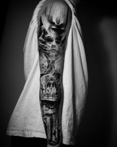 black-and-grey-horror-themed-full-sleeve-tattoo Horror Themed Leg Sleeve Tattoo, Dark Theme Tattoo Sleeve, Horror Themed Tattoos Sleeve, Horror Sleeve Tattoo, Scary Tattoo Designs, Unique Tattoos Ideas, Horror Themed Tattoos, Tattoo Ideas Christian, Tattoo Single Needle