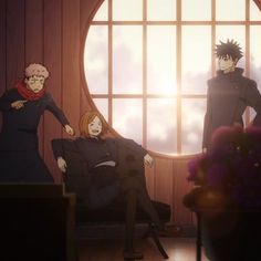 an anime scene with two people sitting in chairs and one person standing behind the chair