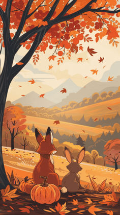 two rabbits sitting under a tree in the fall