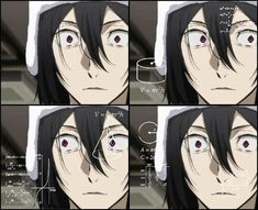 four pictures of an anime character with black hair and red eyes, one showing the different angles