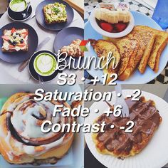 a collage of photos with different types of food on plates and in the background is text that reads brunch 3 1 / 2, saturation 2 fade 4 contrast + 6 contrast