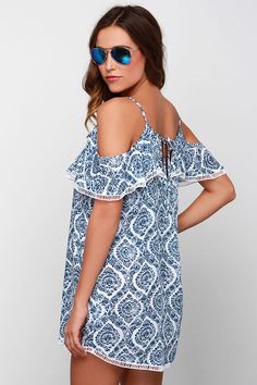 Time On My Seaside Blue Print Dressat Lulus.com! Cold Shoulder Flowy Dress For Vacation, Flowy Cold Shoulder Dress For Vacation, Flowy Cold Shoulder Vacation Dress, Elegant Cold Shoulder Vacation Dress, Elegant Cold Shoulder Dresses For Vacation, Casual Cold Shoulder Beach Dress, Printed Off-shoulder Dresses For Day Out, Off-shoulder Printed Dresses For A Day Out, Polka Dot Dresses