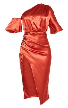 Elevate your weekend look with this dreamy dress doll. Featuring a rust satin material, ruched detailing and a one-shoulder design, we love this teamed with a pair of clear heels and some statement earrings for a look that we're loving. Length approx 124.5cm/49" (Based on a sample size UK 8) Model wears size UK 8/ EU 36/ AUS 8/ US 4 Model Height - 5ft 6" Satin Midi Skirt Outfits, Satin Short Dress, One Shoulder Midi Dress, Twisted Dress, Satin Short, Ruched Skirt, Ruched Midi Dress, Darling Dress, Rust Dress