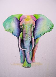 an elephant is painted in bright colors on a white paper with watercolor pencils