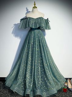 Green A line Tulle Long Prom Dresses Moon Goddess Dress, Prom Dress Green, Tulle Long Prom Dress, Enchanting Dress, A Line Evening Dress, Graduation Dresses, Unique Prom Dresses, Formal Party Dress, Green A