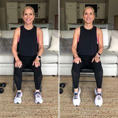 a woman sitting on top of a chair in front of a couch