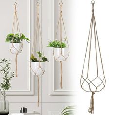 three hanging planters with plants in them, one is white and the other is green