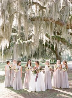 a group of women standing next to each other in front of a tree