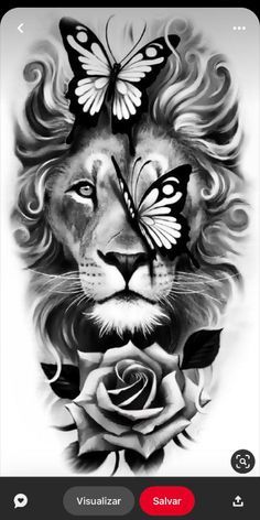 a black and white photo of a lion with a butterfly on its head, surrounded by roses