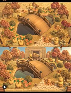 a painting of a bridge over water surrounded by trees and pumpkins in the fall