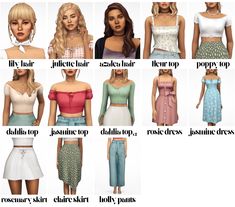 many different types of women's clothing for the simse game, which includes short skirts and crop tops