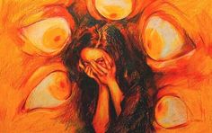 a drawing of a woman with her hands on her face in front of an orange background