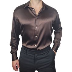 mens brown long sleeve silk shirt by 1000 kingdoms Brown Silk Shirt, Boys Clothing Styles, Silk Shirt Outfit, Silk Dress Shirt, Silk Shirt Men, White Silk Top, Long Sleeve Silk Dress, Shirt Outfit Men, Silk Shirts