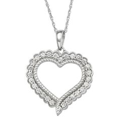 "Diamonds decorate this sterling silver heart necklace, giving you a look you'll love. Diamonds decorate this sterling silver heart necklace, giving you a look you'll love. Pendant size: 1.14"" x 0.91"" Chain type: rope Clasp: spring-ring Base material: sterling silver Plating: sterling silver Finish: polished STONE DETAILS Setting: prong Total weight: 1/2 ct. Color grade: H-I Clarity: I2-I3 Size: 18"". Color: White. Gender: female. Age Group: adult." Classic Silver Diamond Cut Heart Necklace, Classic Open Heart Necklace For Anniversary, Sterling Silver Open Heart Hallmark Necklace, Classic Open Heart Necklace With Diamond Cut, Classic Open Heart Diamond Cut Necklace, Silver Heart Cut Necklace With Hallmark, Mother's Day Diamond Cut Open Heart Necklace, White Gold Open Heart Necklace With Hallmark, Valentine's Day Silver Heart Necklace With Diamond Cut