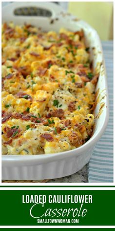 loaded cauliflower casserole in a white dish