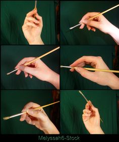 several pictures of hands holding chopsticks and pointing them at each other's sides