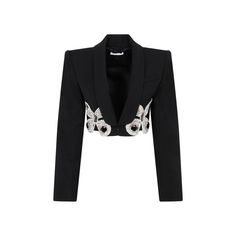 The Area black wool embroidered butterfly cropped blazer showcases crystal butterfly embellishments on a tailored silhouette. This piece combines virgin wool and Lycra for comfort, making it suitable for upscale events or stylish gatherings.

- Notched collar  
- Tonal buttoned cuffs  
- Long sleeves  
- Material: Virgin wool and Lycra blend Butterfly Details, Cropped Blazer Jacket, Embroidered Butterfly, Crystal Butterfly, Cropped Blazer, Womens Blazers, Cropped Style, Notched Collar, Black Blazers