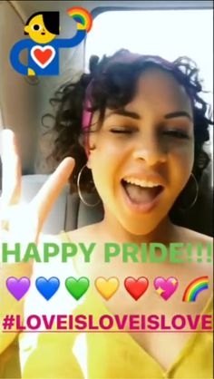 an image of a woman in the back seat of a car with text that says happy pride