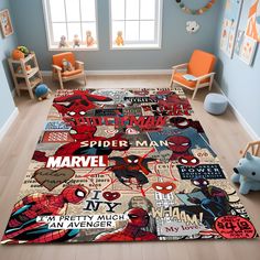 a child's room with spiderman rugs and toys