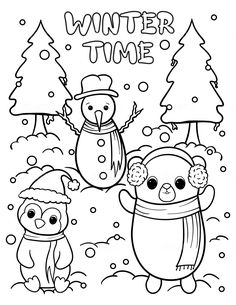 winter time coloring pages for kids with snowman and penguin in the woods, one is holding