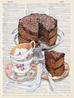 an old book page with cake and tea on it