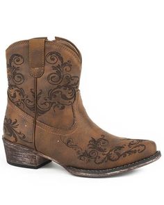 Roper Women's Cognac Faux Leather Western Boots - Round Toe | Sheplers Roper Boots Women's Outfit, Mexican Outfits, Cognac Boots, Womens Cowgirl Boots, Party Things, Roper Boots, Leather Western Boots, Bee Jewelry, Cowboy Art