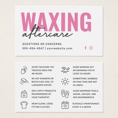 Pink Modern Waxing Aftercare Card Hair Removal | Zazzle Waxing Business Cards, Waxing Business, Waxing Aftercare, Business Cards Ideas, Waxing Room, Esthetician Quotes, Wax Studio, Waxing Tips