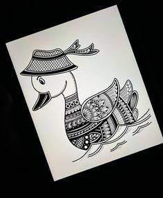 a black and white drawing of a duck with a hat on it's head