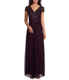 Alex Evenings Stretch Tulle Lace Top Embroidered Surplice V-Neck Short Sleeves A-Line Dress | Dillard's Formal Wedding Guest Dress, Formal Dresses Gowns, Alex Evenings, Mothers Dresses, Line Dress, Tulle Lace, Dillard's, Mother Of The Bride Dresses, Evening Wear