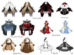 an assortment of different types of clothes for anime characters in various styles and colors, including black, white, red, blue, yellow