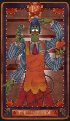 the emperor tarot card with green eyes and an orange apron, holding two hands up