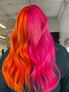 Split Dye Pink And Orange, Orange Pink Split Hair, Vivid Hair Color Split Dye, Pink Into Orange Hair, Red And Orange Hair Split, Hair Bright Color Ideas, Red And Orange Split Dye, Split Dyed Hair Color Ideas