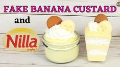 banana custard and vanilla whipped cream in small glass containers with the words fake banana custard and vanilla wafers