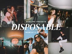 a collage of photos with the words disposable in white and black