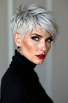 50 Stunning Pixie Cuts That Prove Age Is Just a Number for Women Over 60 Pixie Hairstyles Halle Berry, Platinum Short Hairstyles, Twiggy Hair Pixie, Short Wavy Undercut, Long Pixie Grey Hair, Shirt Hair Cuts For Women 2024, Grey Foils, Undercut Pixie Haircut For Older Women, Short Grey Hair Over 50 Modern Haircuts