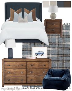 a bedroom with plaid furniture and accessories in it, including a bed, dresser, nightstand,