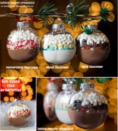 four different shots of hot chocolate and marshmallows in glass ornaments with candy sticks