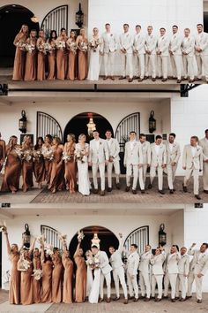 the wedding party poses for pictures before and after their ceremony